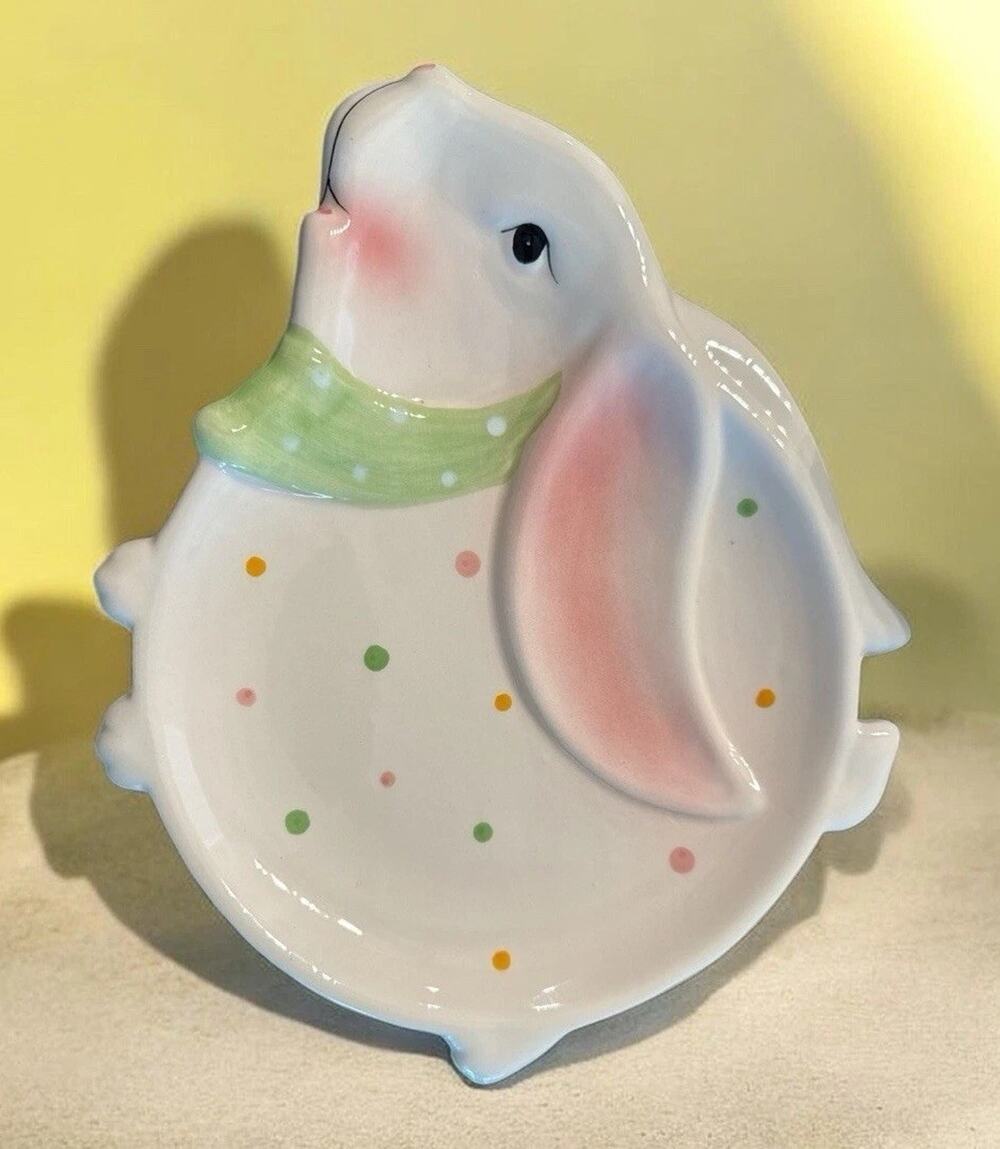 Studio 33 Ceramic Rabbit Decorative Plate 8" Polka Dot Easter Glossy